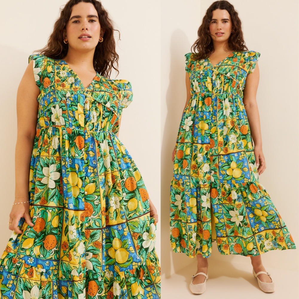 Anthropologie Peregrine Flutter Sleeve Maxi Dress Citrus Floral Holly Print 2X